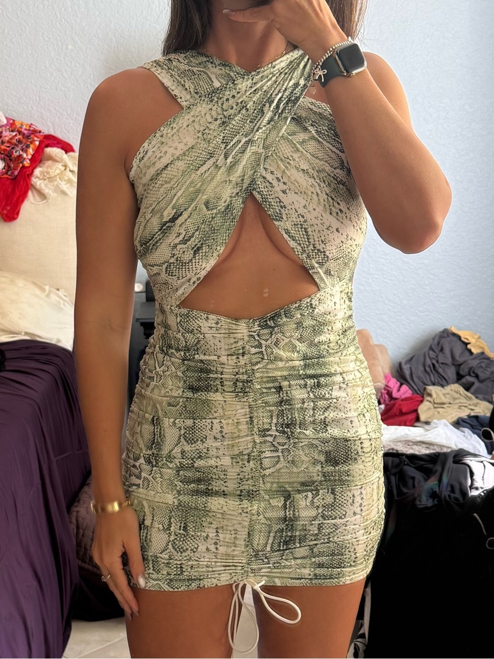 SHEIN Green Snake-Print Crossfront Cutout Mini Dress